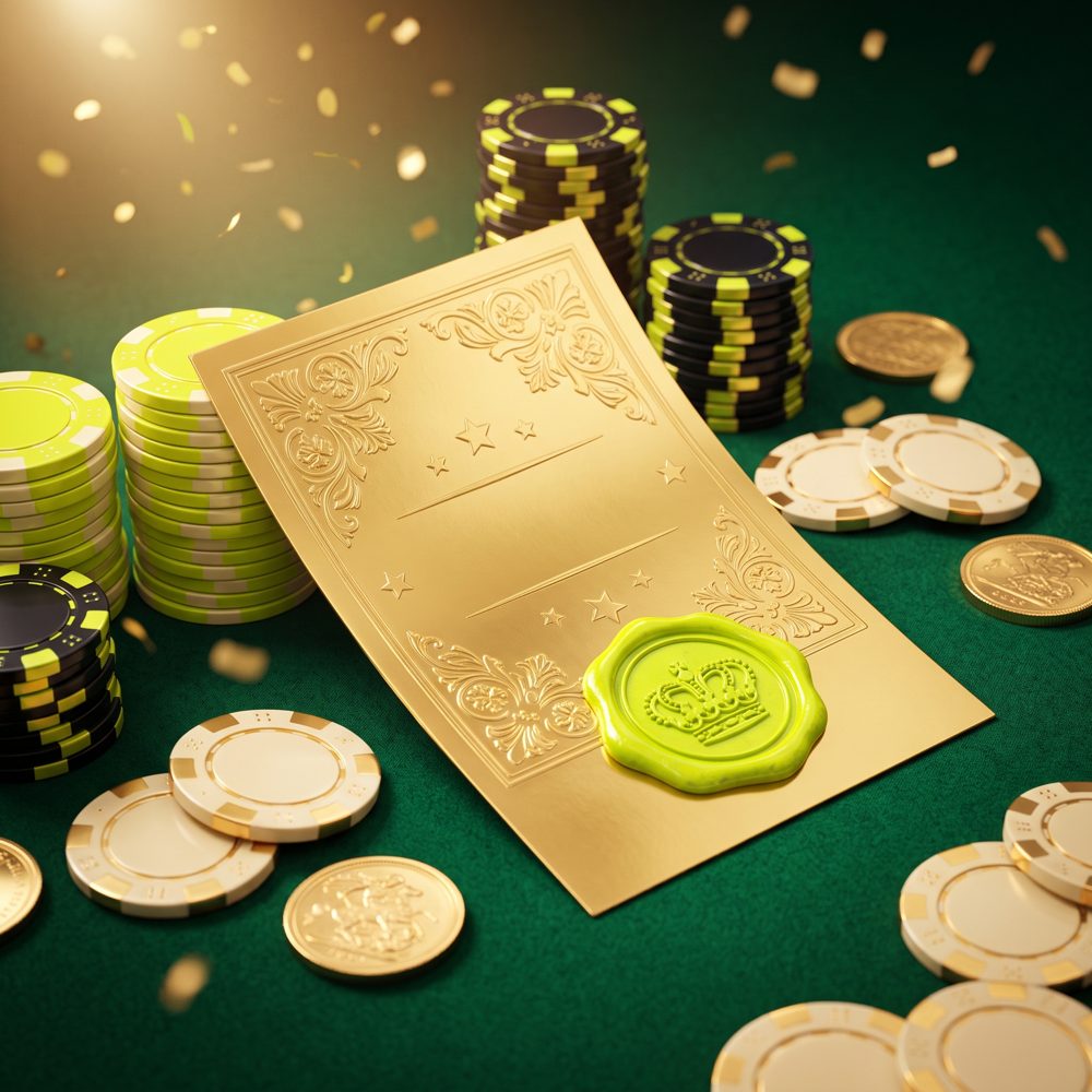 Engraved-style illustration of a hand sliding a glowing lime bet ticket across green felt