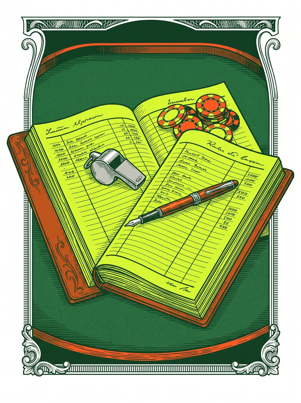 Engraved illustration of an open rulebook with a referee whistle and casino chips