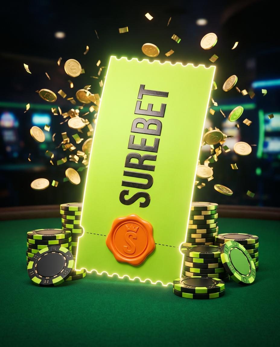 A glowing acid-lime SureBet winning ticket standing on green casino felt among chips and flying coins