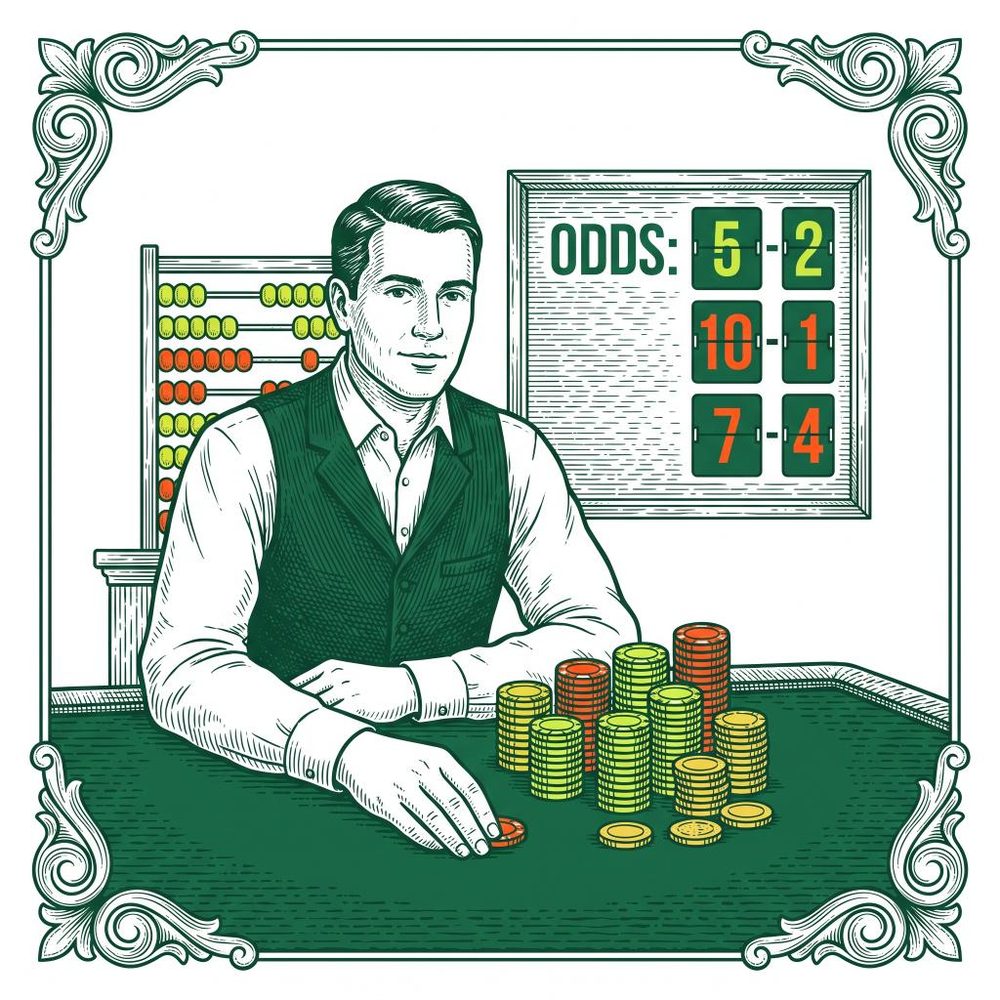 Engraved-style illustration of an accountant counting chips in front of a split-flap odds board